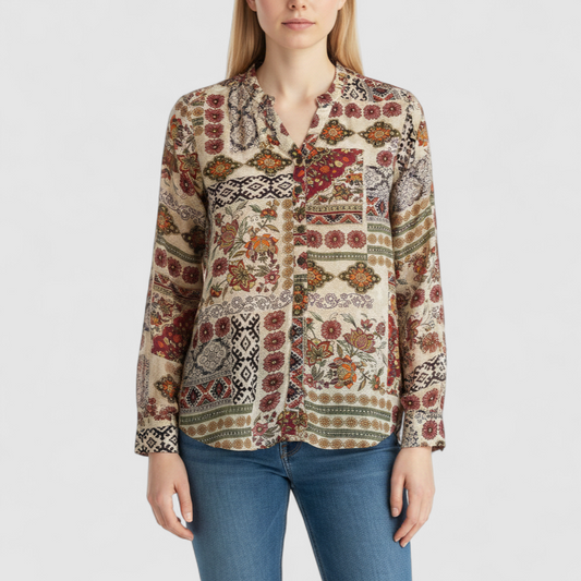 Vintage womens multicolor floral patchwork print blouse with button front and long sleeves on model