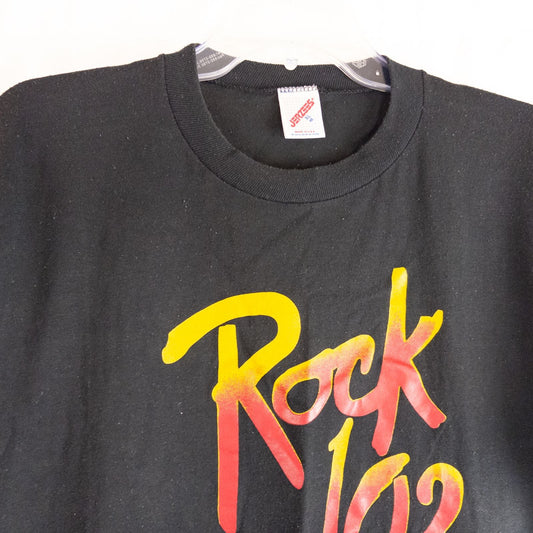 Jerzees vintage Rock 102 black graphic t-shirt mens size xlarge front and back views with close details and tag image 2