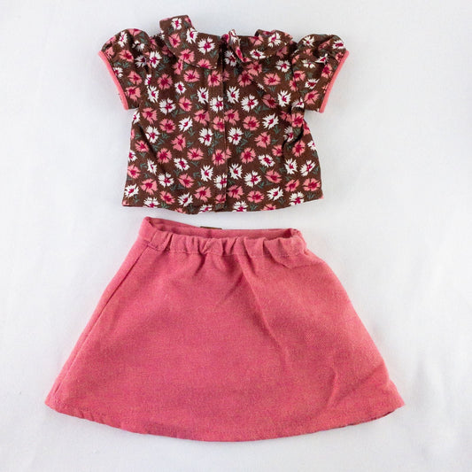 American Girl doll outfit set with floral top, pink skirt, cropped cardigan, hat, and tiny shoes laid flat image 2