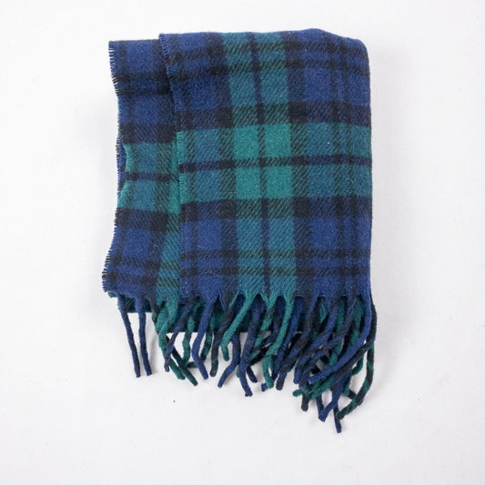 Vintage blue and green plaid lambswool scarf with fringed ends hanging on a clear hanger image 2