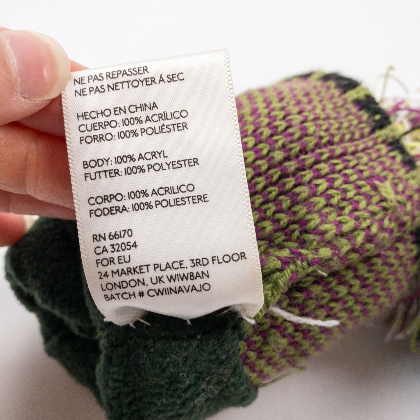 Green and purple fleece lined knit mittens with geometric pattern and tassels image 15