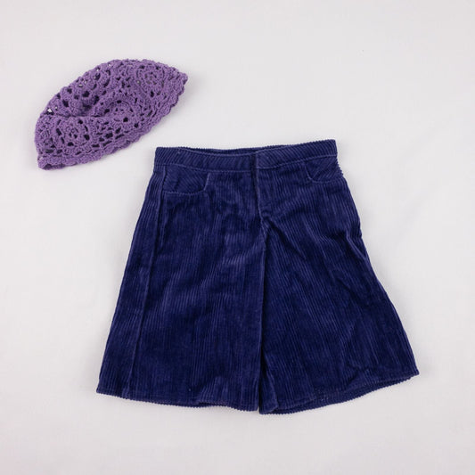 American Girl purple corduroy gaucho pants with matching purple crochet hat laid flat on white background image 2