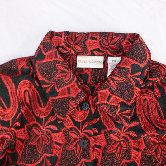 Drapers & Damons black and red embroidered leaf jacket with scalloped hem and button front on hanger image 2