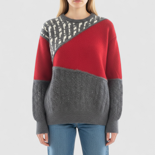 Vintage 1990s red grey wool sweater with color block abstract pattern and padded shoulders on model