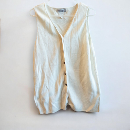 White Worlds Apart vintage cotton vest with button front on hanger