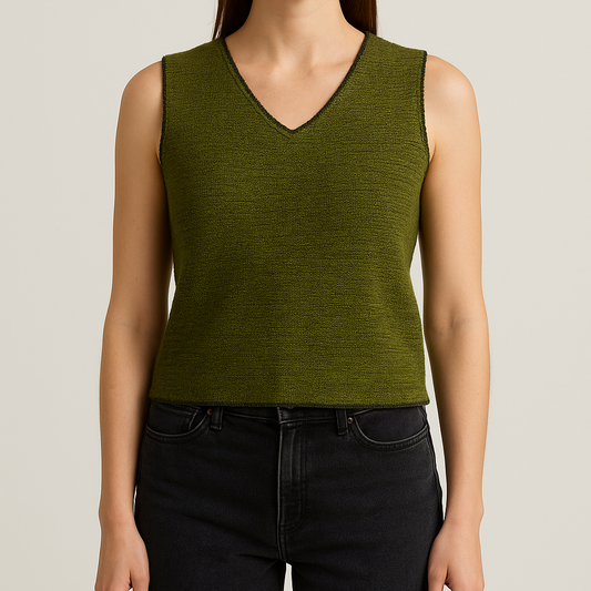 Crazy Horse vintage green knit sweater vest with v-neck and sleeveless design on model