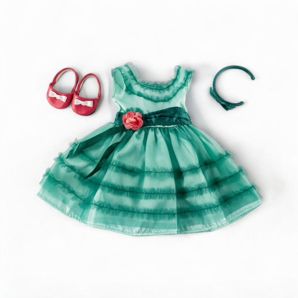 American Girl Doll Maryellen Birthday Party Dress, Headband, Shoes Teal Emerald Retired