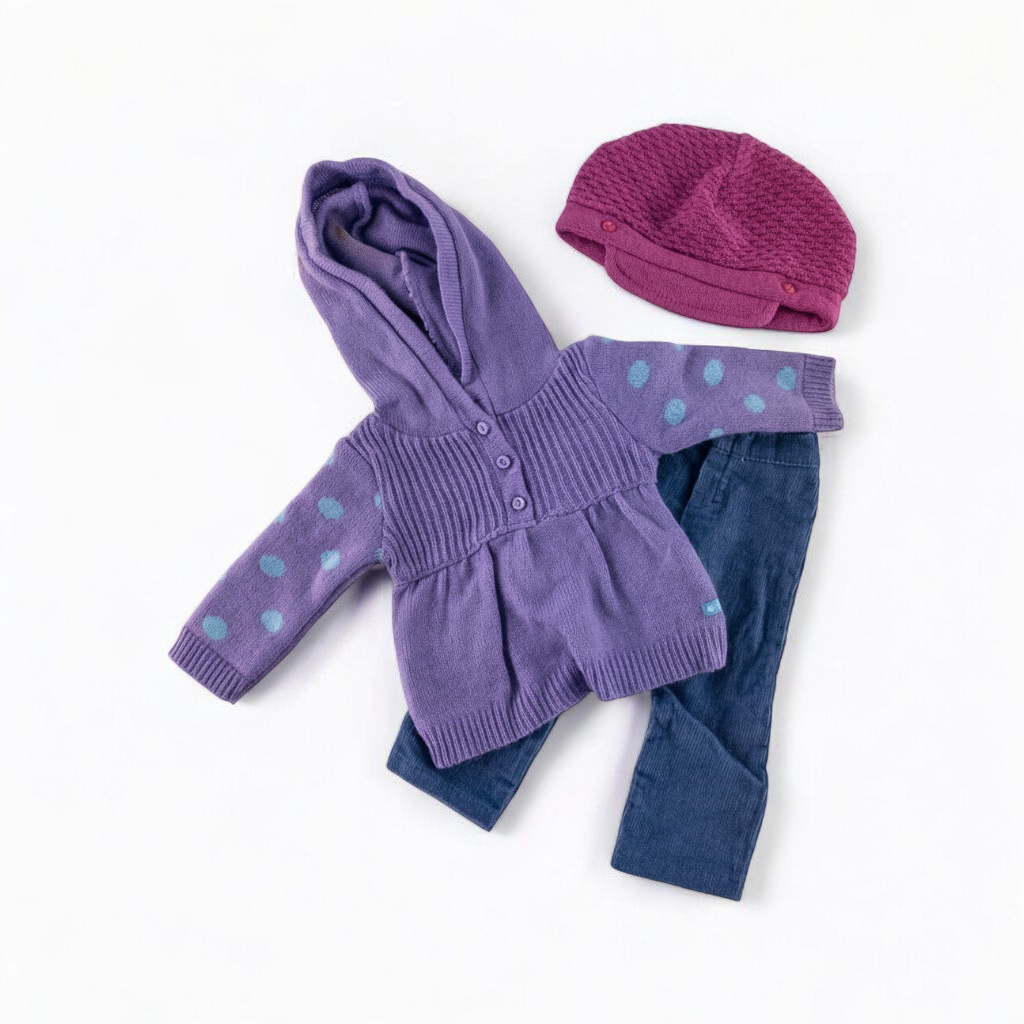 American Girl doll outfit with purple polka dot hoodie, blue pants, and magenta hat laid flat with visible light marks front on white muslin photography backdrop