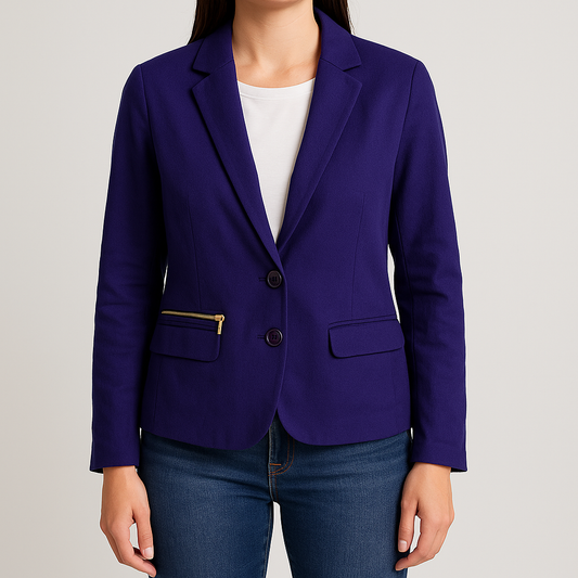 Chicos women's dark purple blazer with striped lining hanging on hanger on model