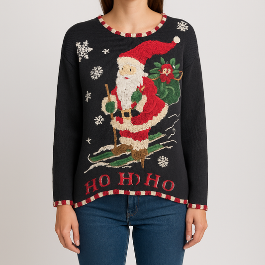 Tiara vintage black knitted sweater with embroidered Santa Claus and snowflakes, red and white striped trim on model