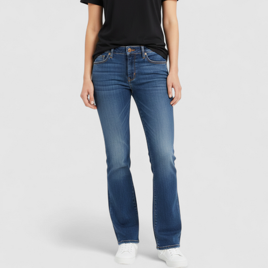 7 for all Mankind Kimmie straight leg blue jeans womens size 27 laid flat front and back views showing faded denim and button closure on model