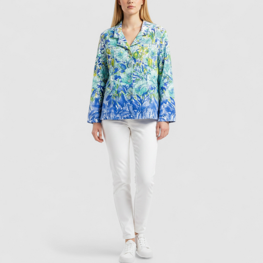 Coldwater Creek blue water lily floral print jacket women's large petite with button closure and front pockets on model