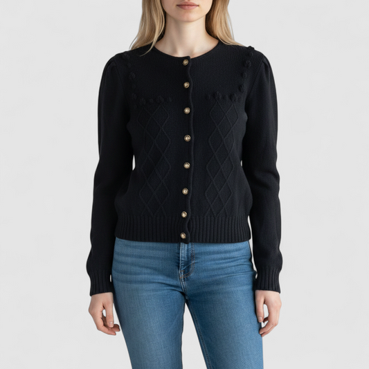 Lanamoden Salzburg chunky black knit wool cardigan sweater for women front and back views with button details and knit texture close-ups on model
