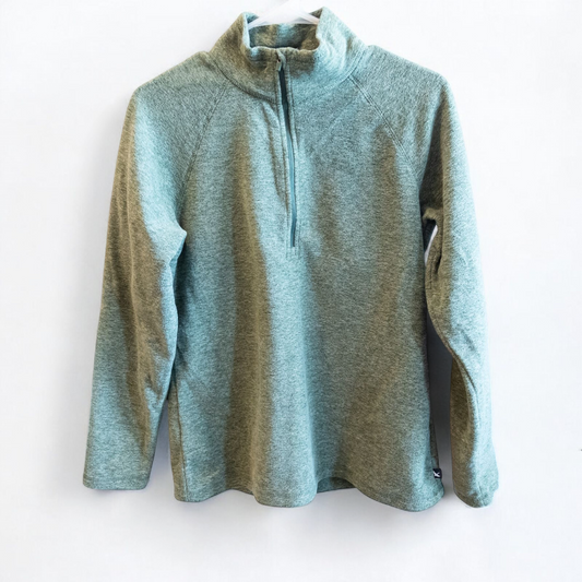 Eddie Bauer green quarter zip sweatshirt hanging on a plastic hanger showing front, back, collar, and inside label
