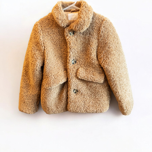 Zara brown teddy bear coat kids size 13 14 hanging on wall, showing front, back, inside lining and close up details of pockets and buttons