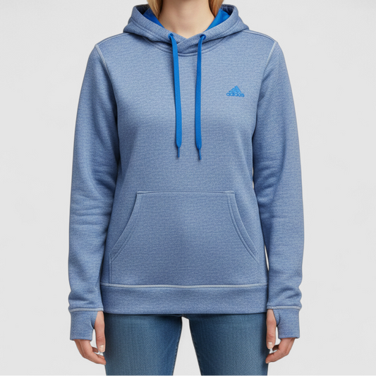 Adidas Climawarm blue heathered fleece pullover hoodie with kangaroo pocket and thumbhole cuffs shown front and back on model