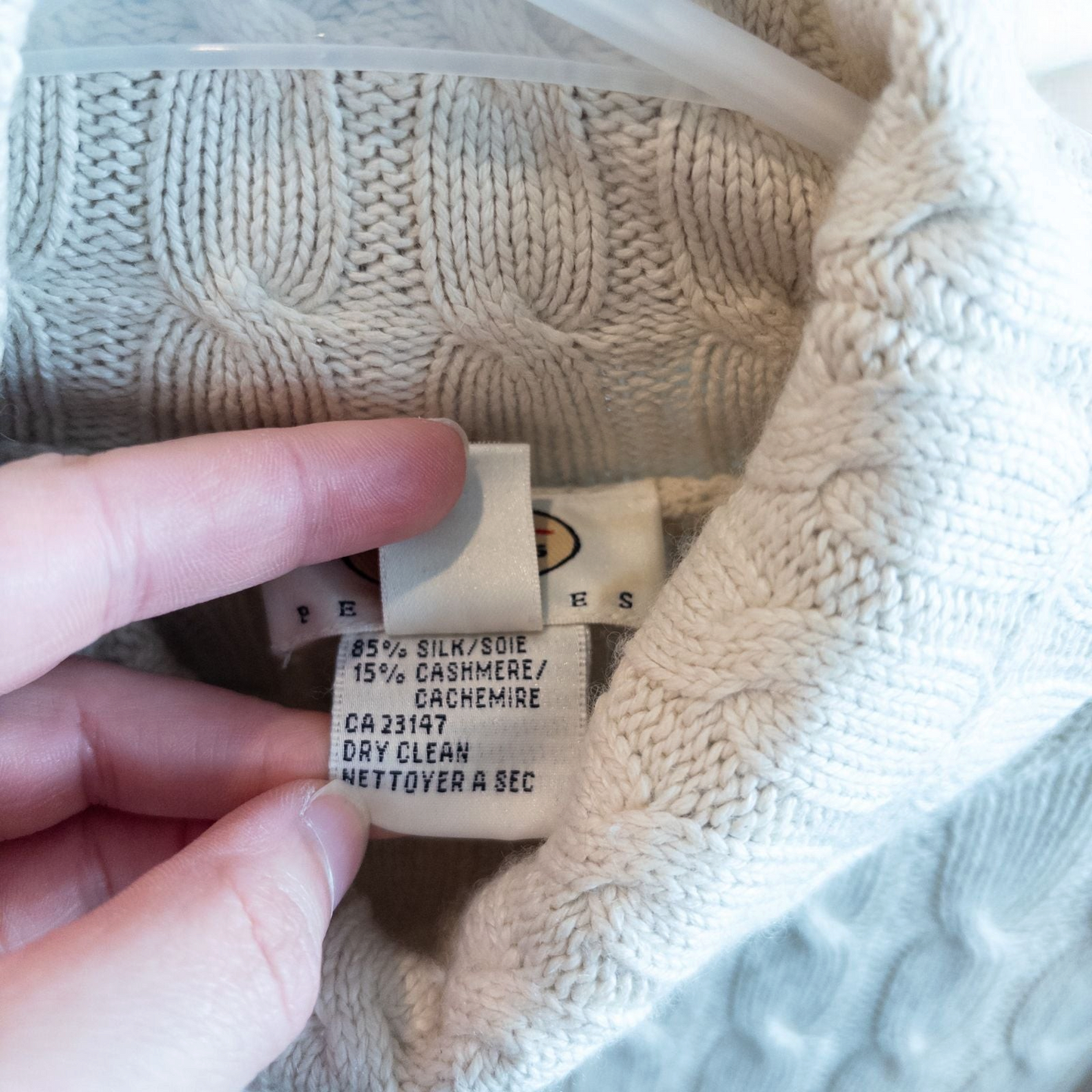 Tan cable knit Talbots turtleneck sweater with silk cashmere blend hanging on a white hanger image 7