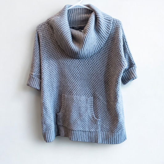 BCBGMaxazria gray dusk open knit cowl neck sweater with short sleeves and front pouch pocket