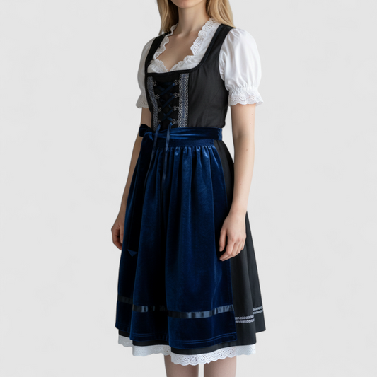 Glorystar vintage German Oktoberfest costume black dress with lace blouse and blue apron set hanging on white door on model