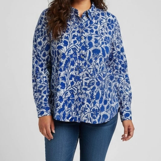 Ann Taylor Blue Teal Floral Button Shirt Womens Medium