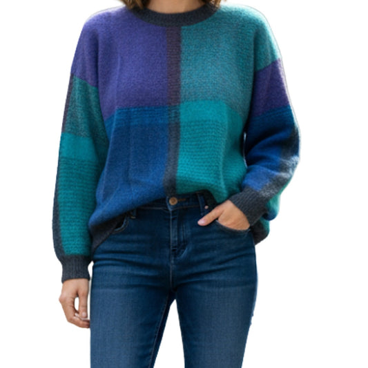 Kristin Paige Vintage Colorblock Blue Knit Chunky Wool Sweater Womens Large