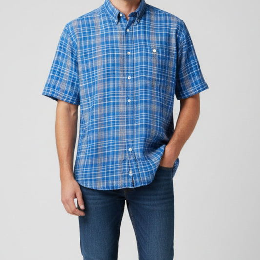 Arnold Palmer Sportswear Vintage Blue Plaid Linen Golf Shirt Mens XLarge