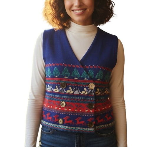 Vintage Blue Knit Cotton Christmas Holiday Sweater Vest Reindeer Womens Medium
