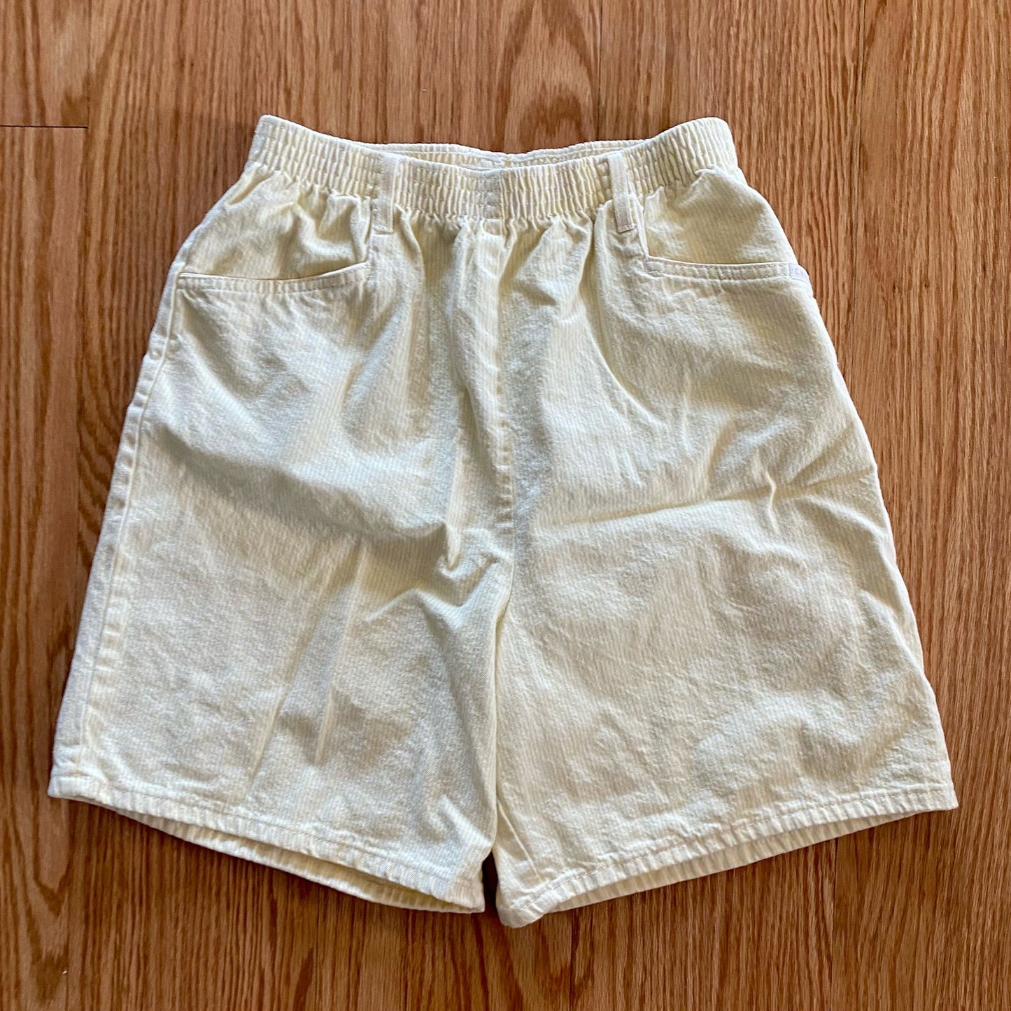 Chic Vintage 90s Yellow White Striped Long Baggy Shorts Womens 12