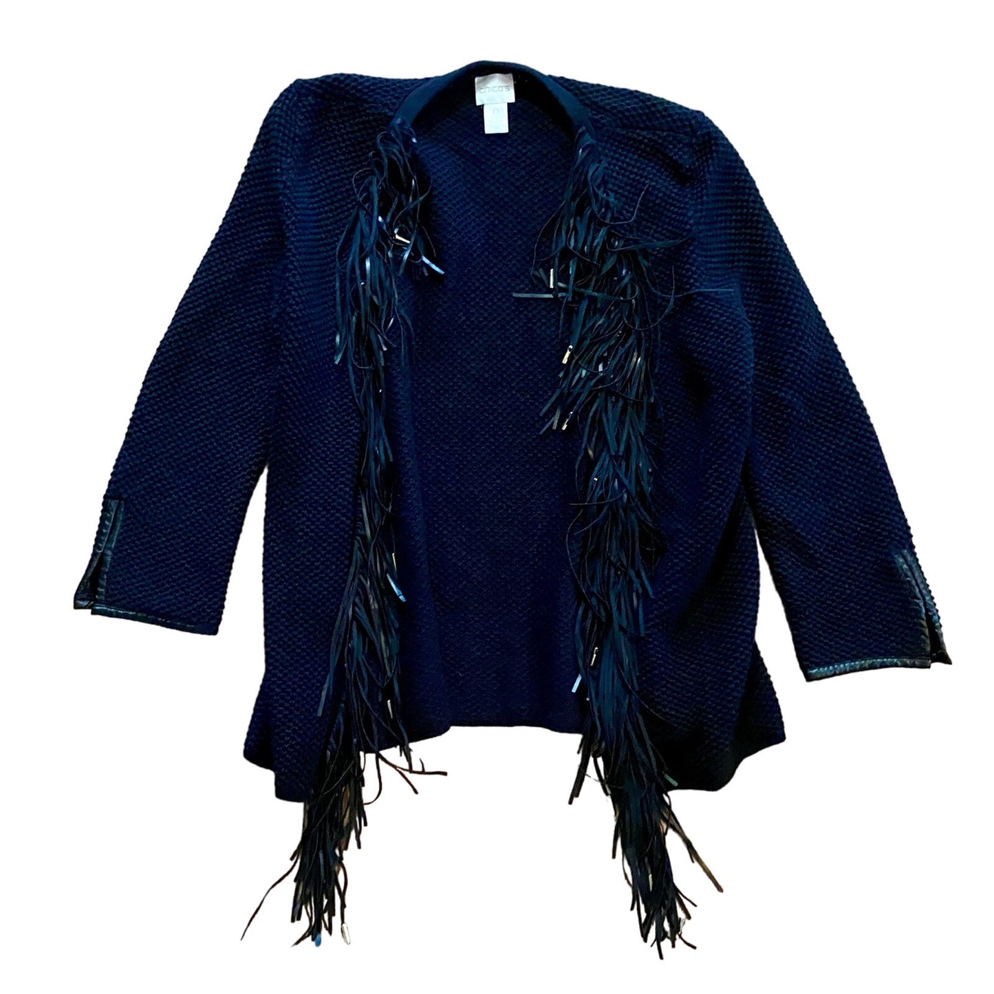 Chicos Black Knit Fringe Leather Cardigan Jacket Womens Small