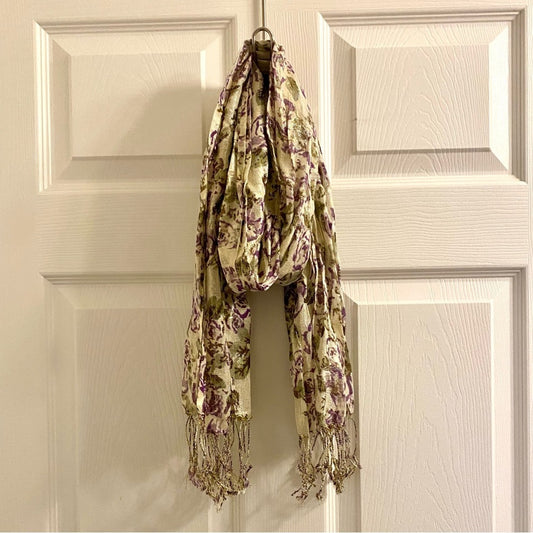 Gold Purple Floral Metallic Tassel Scarf Womens One Size