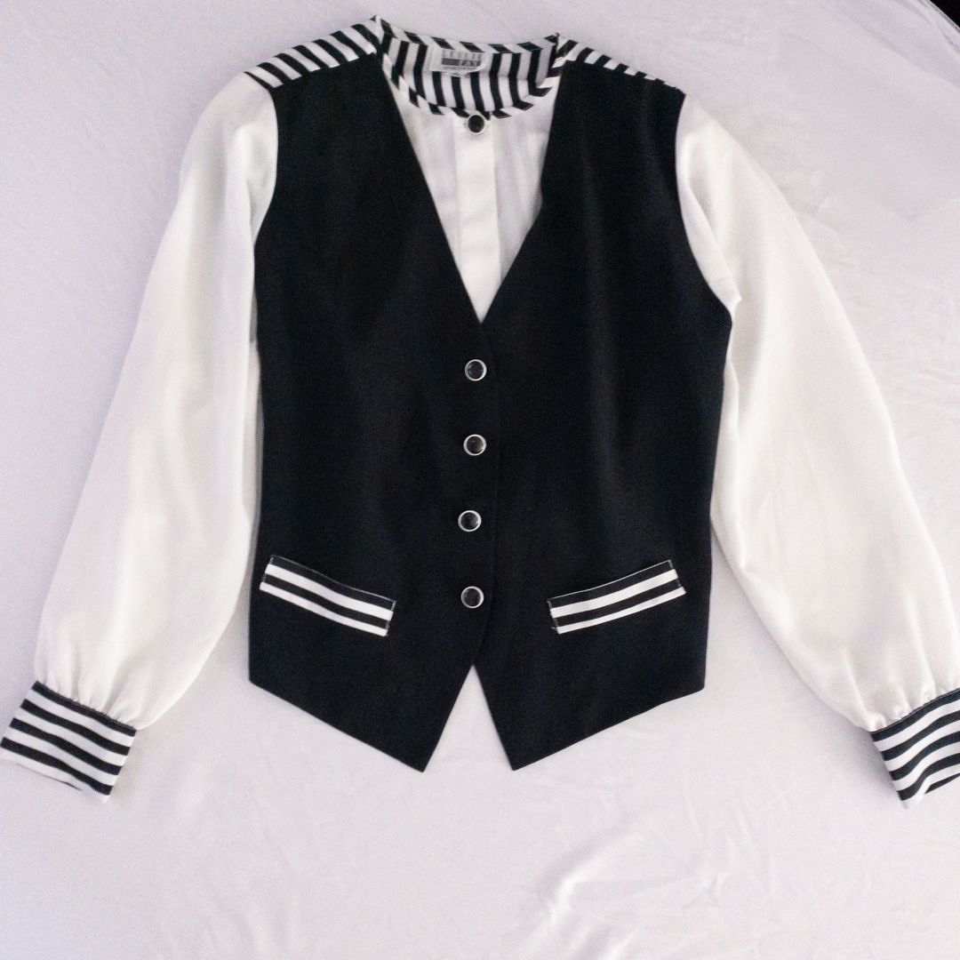 Leslie Fay vintage black and white striped sailor blouse with button front and waist tie image 12