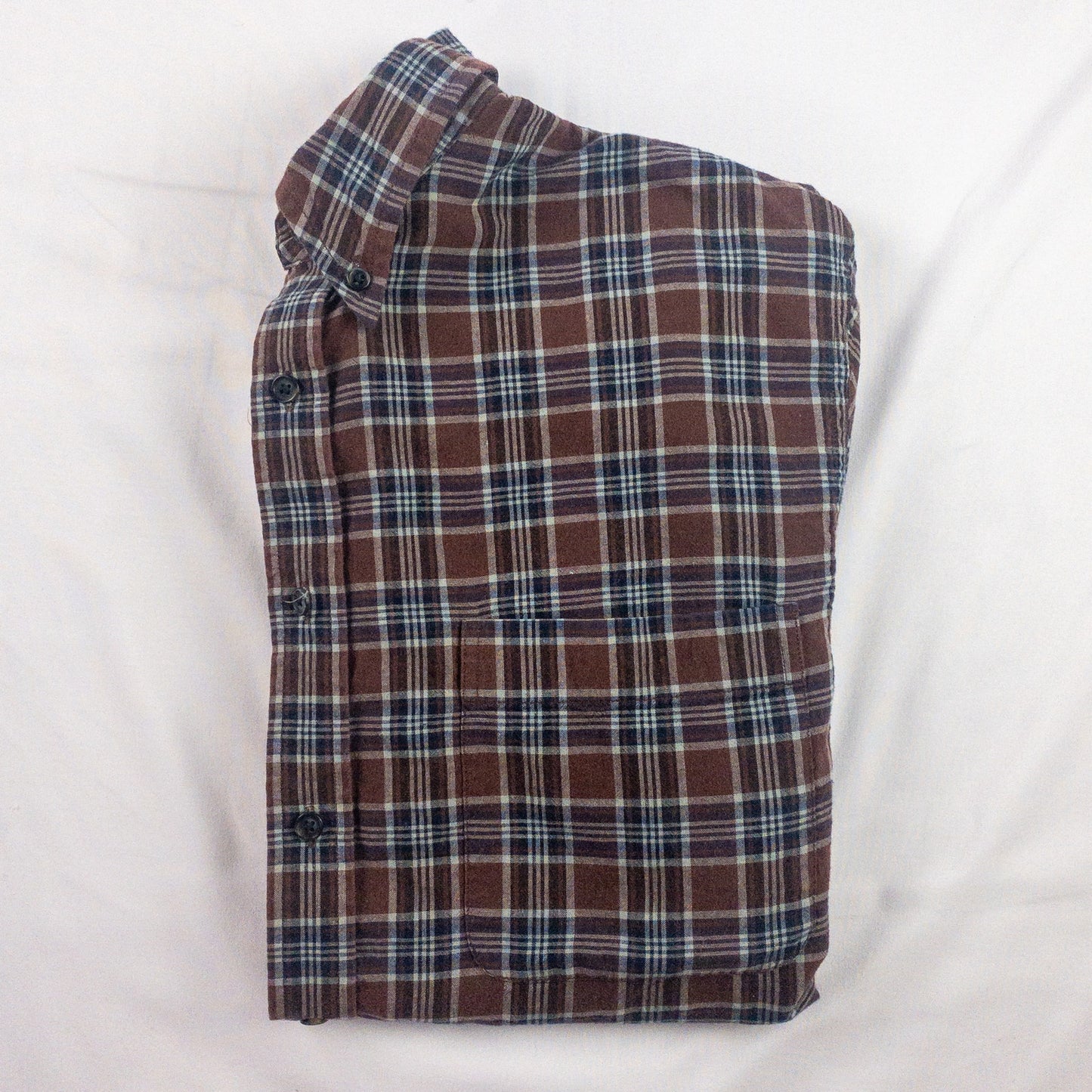Lands End The Madras Shirt Brown Blue Striped Plaid Mens Large