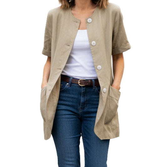 Vintage Tan Silk Structured Short Sleeve Blazer Jacket Womens Small