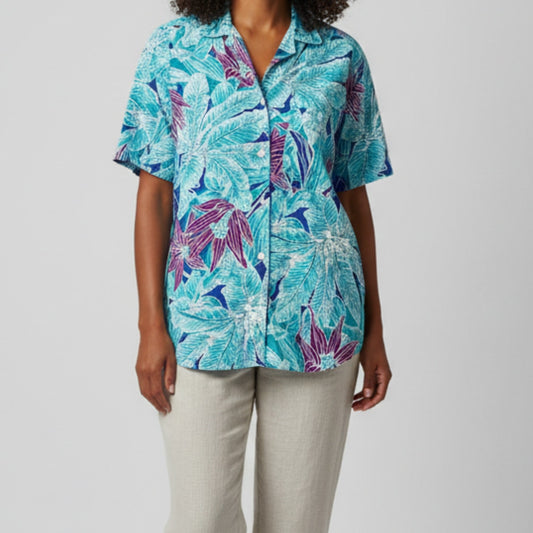 Sandra Ingrish Sport Vintage Hawaiian Blue Purple Shirt Womans Small Unisex