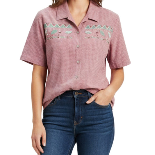 Koret Vintage Red Gingham Beaded Embroidered Button-up Shirt Womens Large