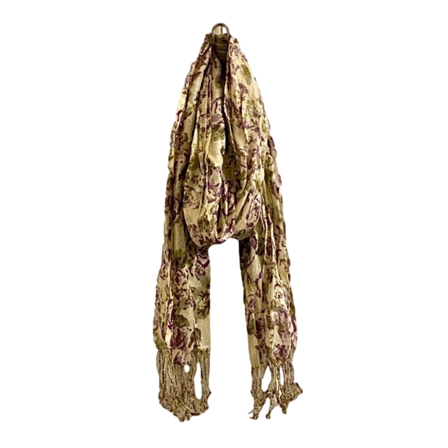 Gold Purple Floral Metallic Tassel Scarf Womens One Size