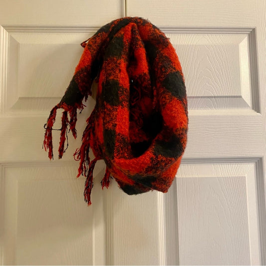Classic Red & Black Buffalo Plaid Tassel Scarf Unisex Womens One Size
