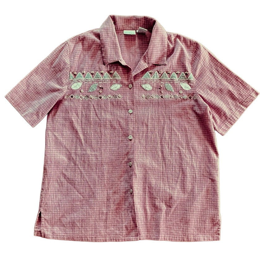 Koret Vintage Red Gingham Beaded Embroidered Button-up Shirt Womens Large