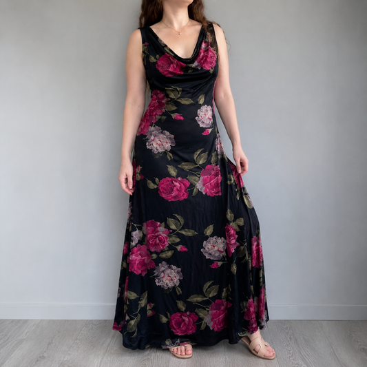 Jeffrey & Dara Vintage Velvet Black Red Roses Floral Maxi Dress Womens 12 Large