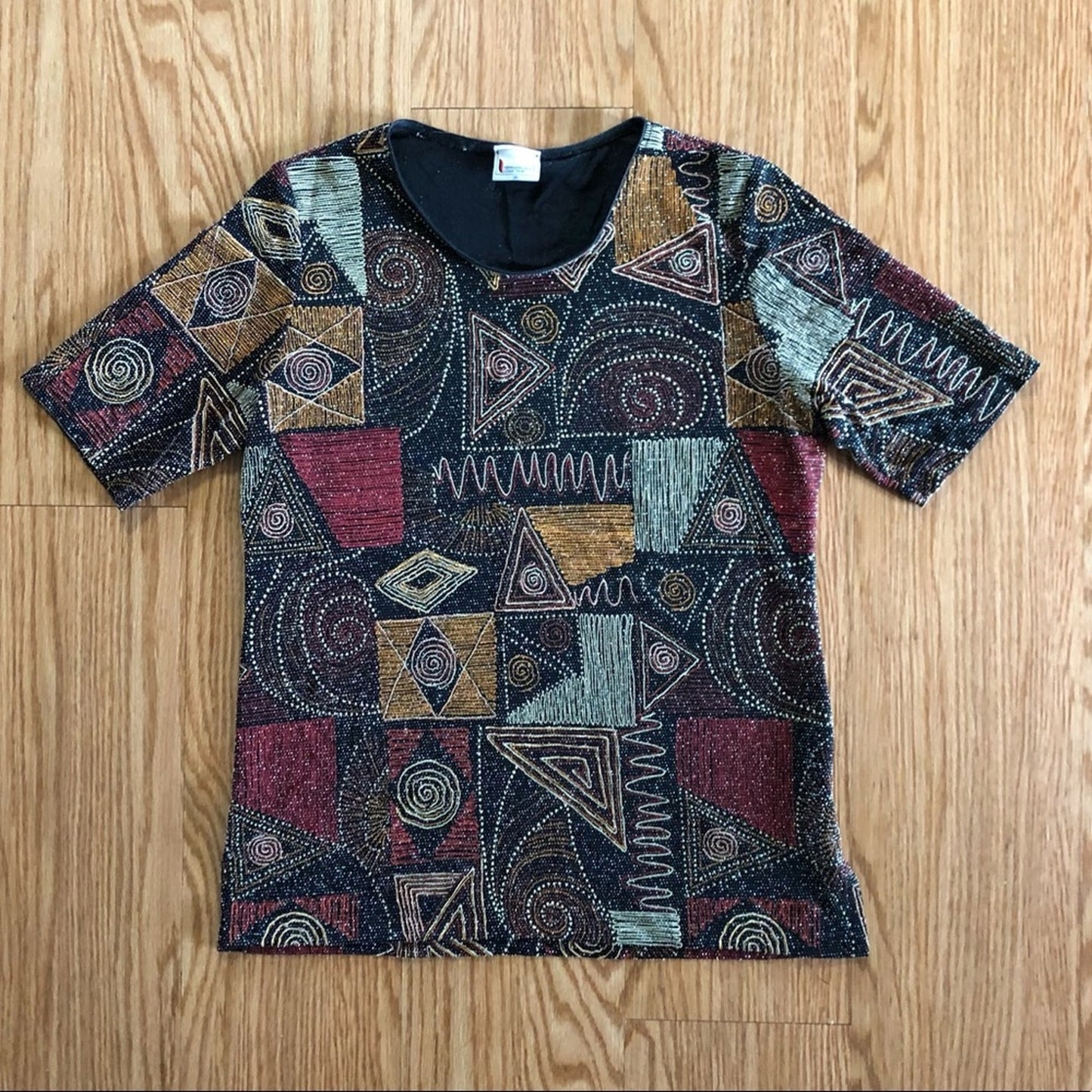 Hermann Lange Multicolor Black Red Beaded Blouse Womens 38 Small Medium
