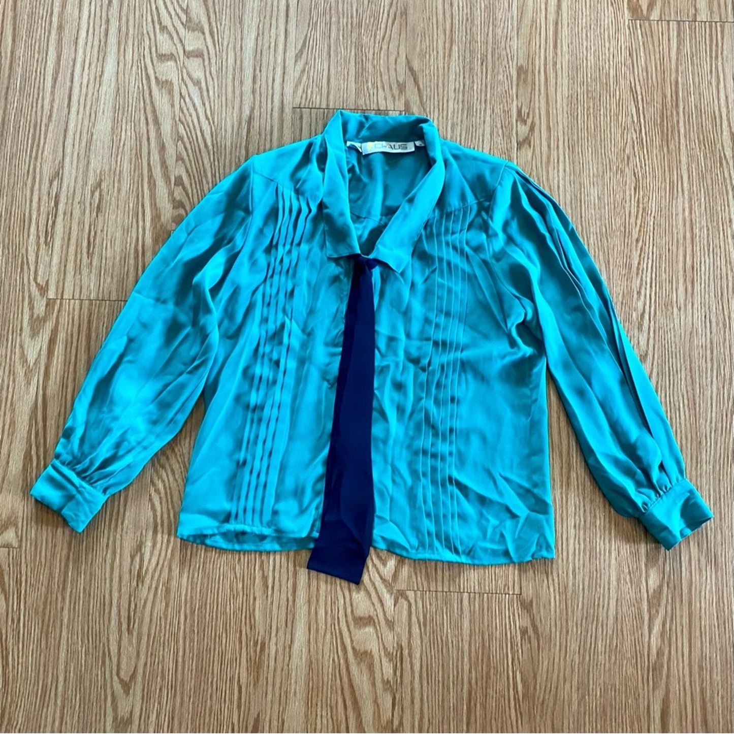 Chaus Vintage Teal Green Sheer Pleated Bow Tie Blouse Womens 12 Large