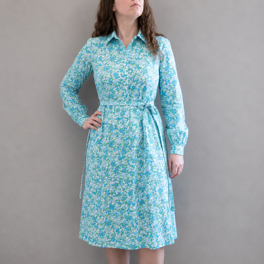 Tanner Vintage Blue Green Floral Midi Shirt Dress Womens 10 Medium