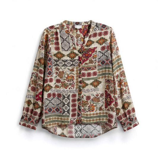 Vintage womens multicolor floral patchwork print blouse with button front and long sleeves front on white muslin photography backdrop