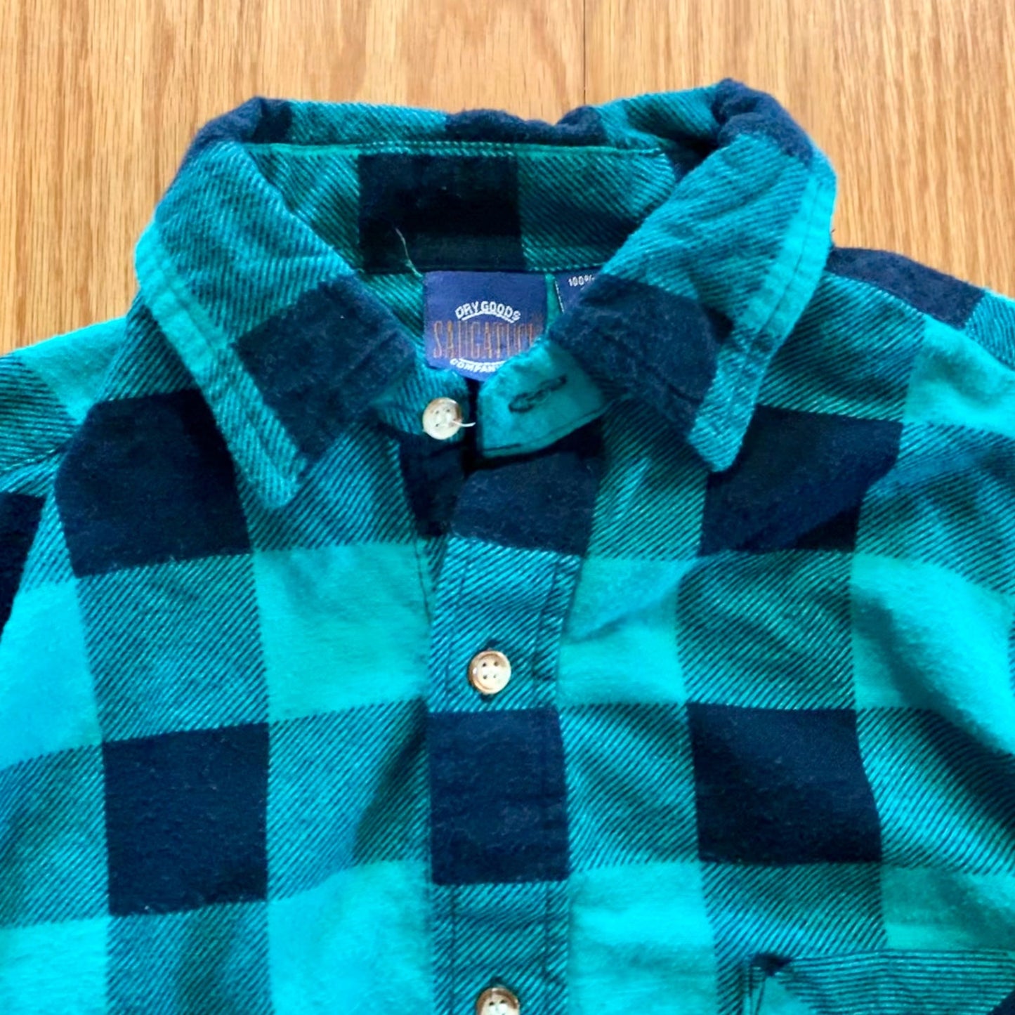 Saugatuck Dry Goods Green Teal Plaid Flannel Shirt Mens Medium