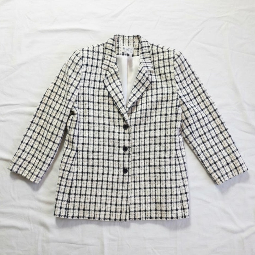 Da-Rue Vintage White Metallic Navy Plaid Blazer Womens Large