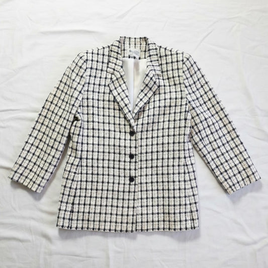 Da-Rue Vintage White Metallic Navy Plaid Blazer Womens Large