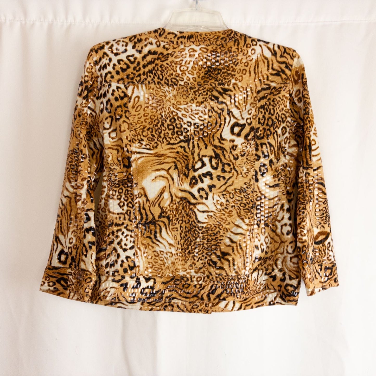 Ruby Rd brown cheetah print sequin button front jacket with four front pockets on clear hanger image 8