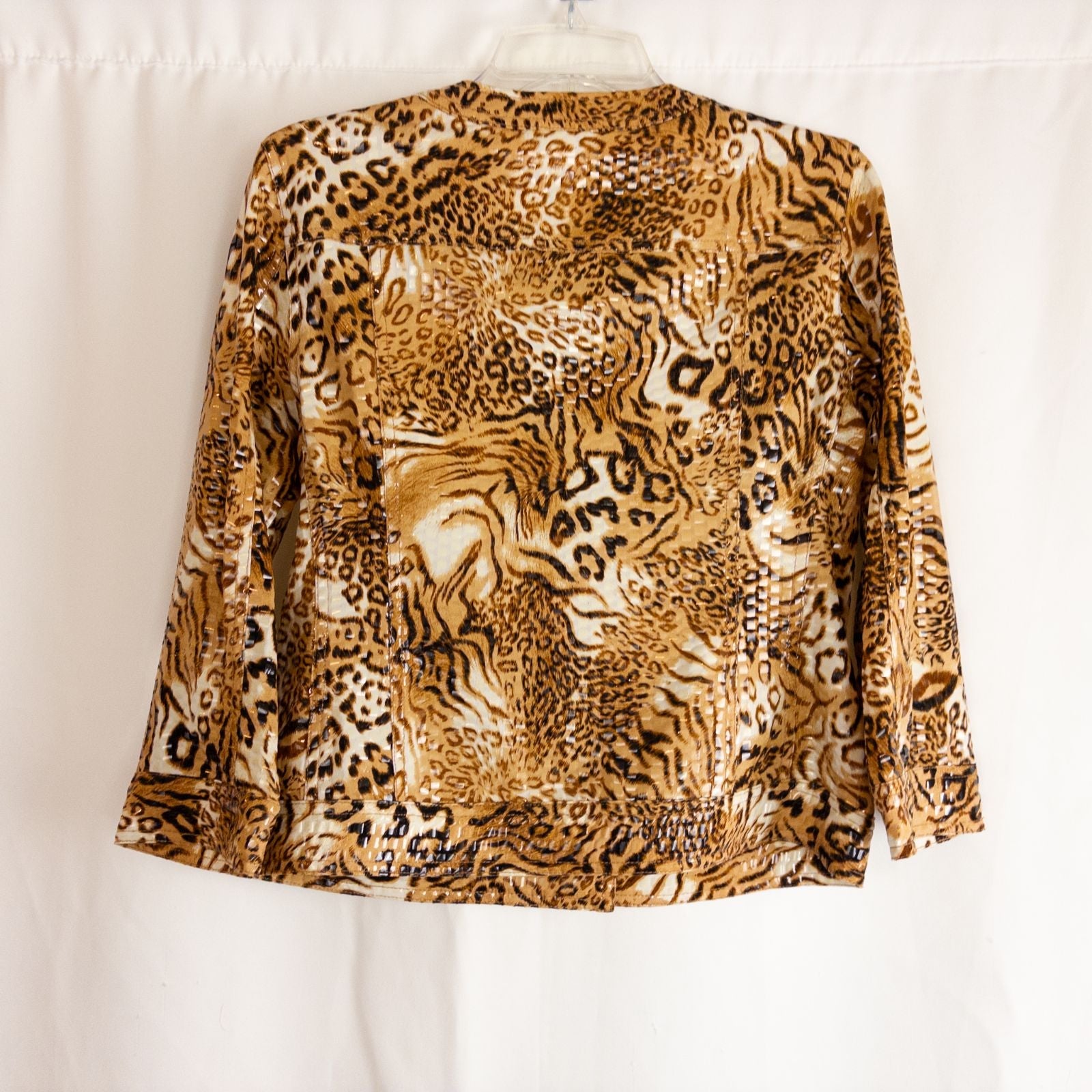 Ruby Rd brown cheetah print sequin button front jacket with four front pockets on clear hanger image 8