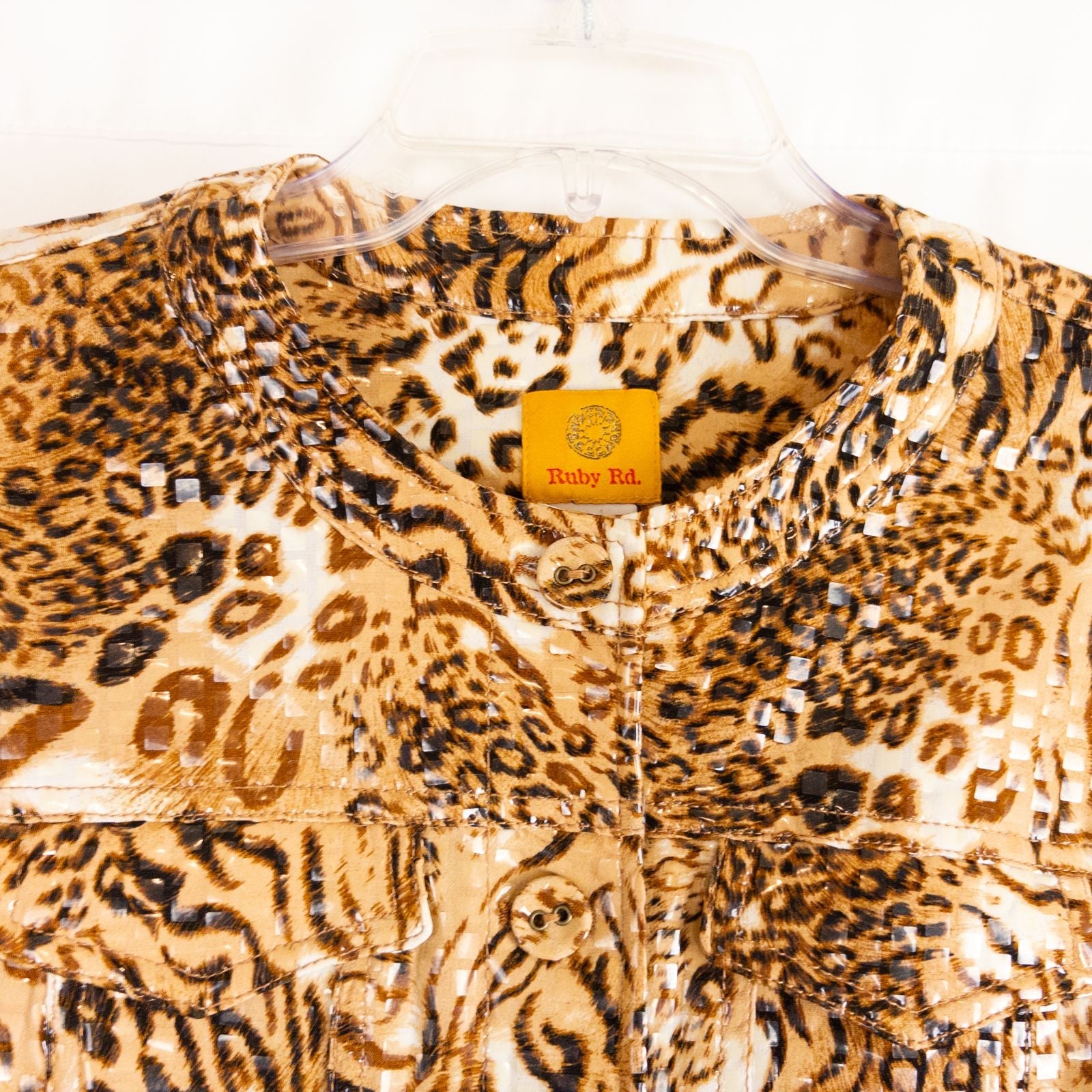 Ruby Rd brown cheetah print sequin button front jacket with four front pockets on clear hanger image 3