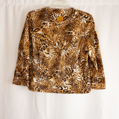 Ruby Rd brown cheetah print sequin button front jacket with four front pockets on clear hanger image 2